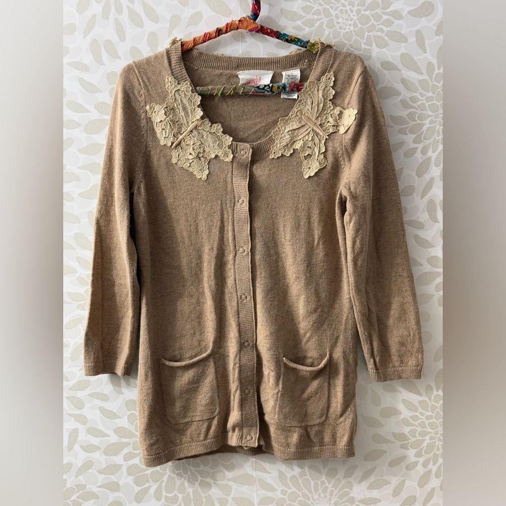 Vintage Karen Nicol Tan Butterfly Appliqués Snap Boho Cardigan Sweater Y2K